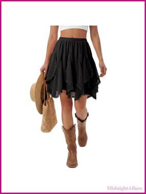 Women's Chiffon Mini Skirt A-Line Flowy Ruffle Lace Boho